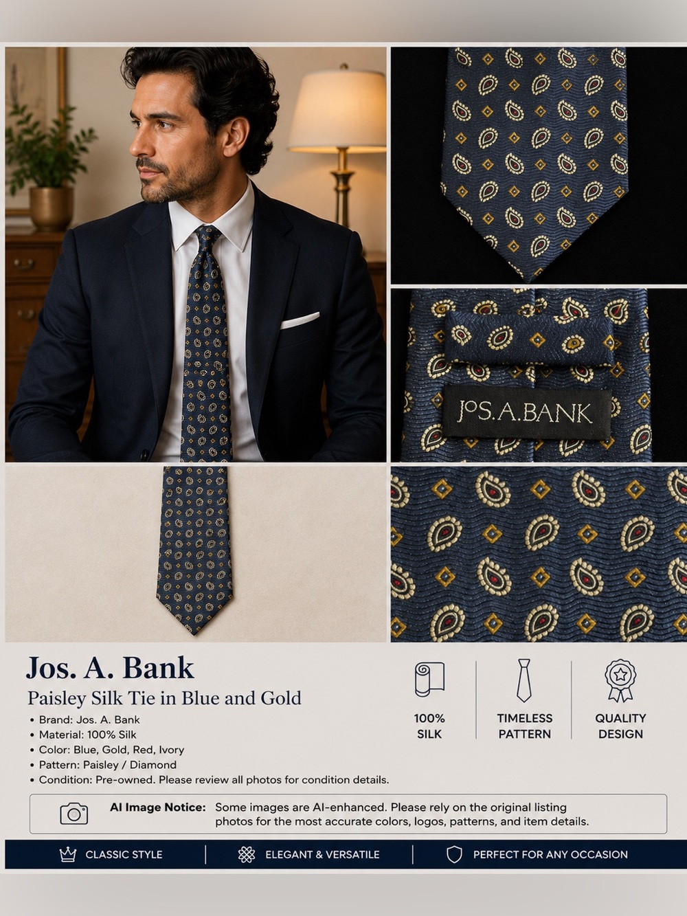 Jos. A. Bank Paisley Silk Tie in Blue and Gold